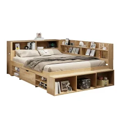 Lit enfant 140x200 cm, bois massif, tiroirs, armoire, recharge sans fil - naturel><noscript><img width=