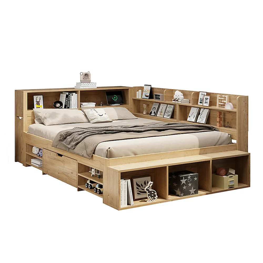 Lit enfant 140x200 cm, bois massif, tiroirs, armoire, recharge sans fil - naturel>Blackcolors Outlet