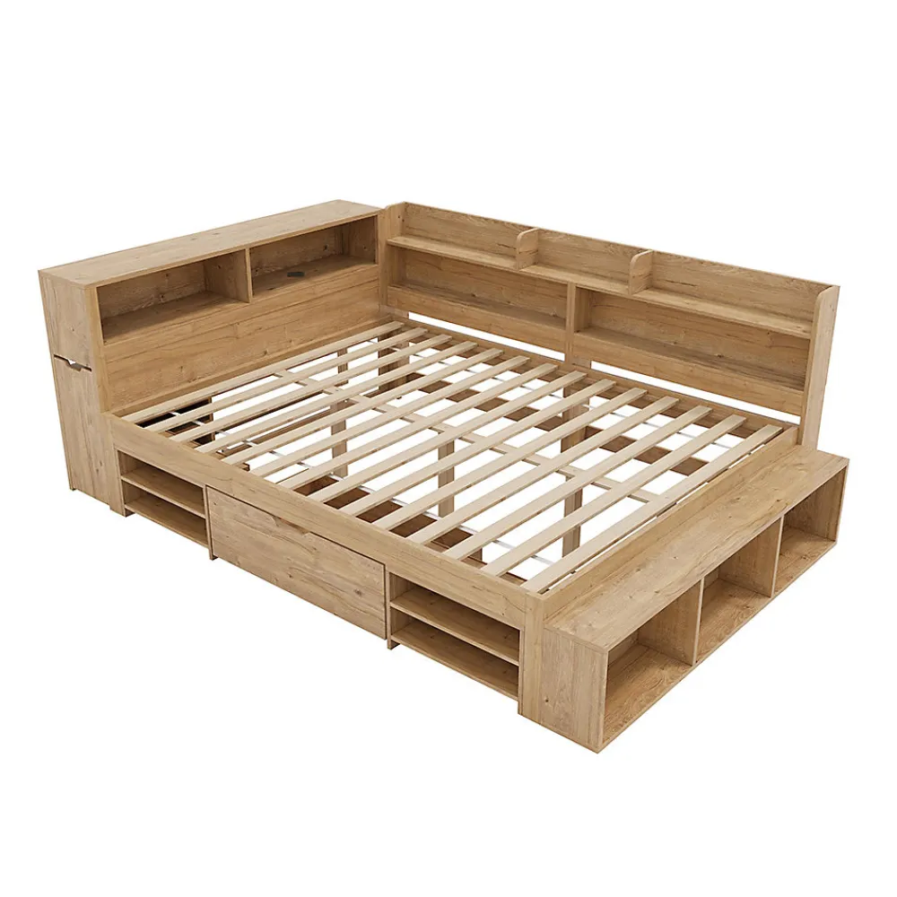 Lit enfant 140x200 cm, bois massif, tiroirs, armoire, recharge sans fil - naturel>Blackcolors Outlet