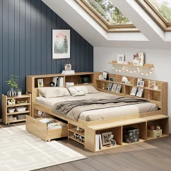 Lit enfant 140x200 cm, bois massif, tiroirs, armoire, recharge sans fil - naturel><noscript><img width=