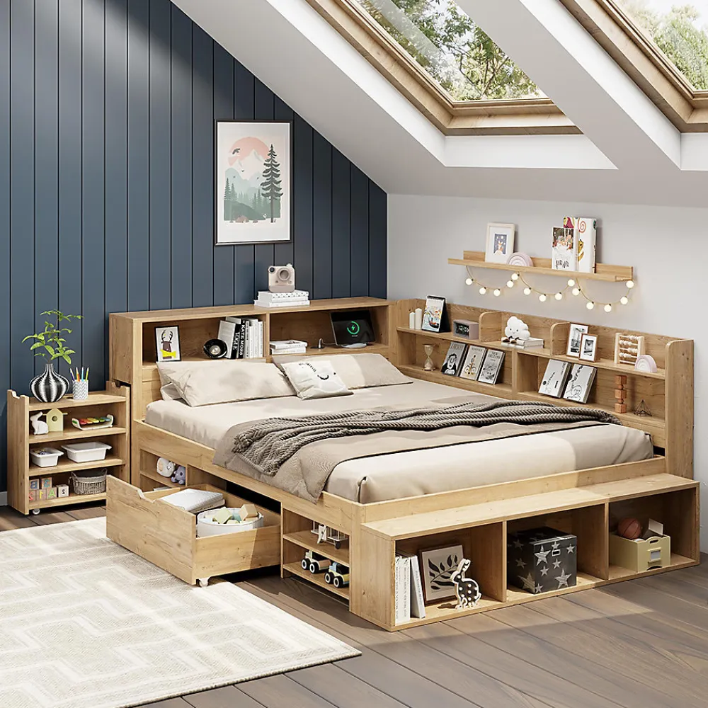 Lit enfant 140x200 cm, bois massif, tiroirs, armoire, recharge sans fil - naturel>Blackcolors Outlet