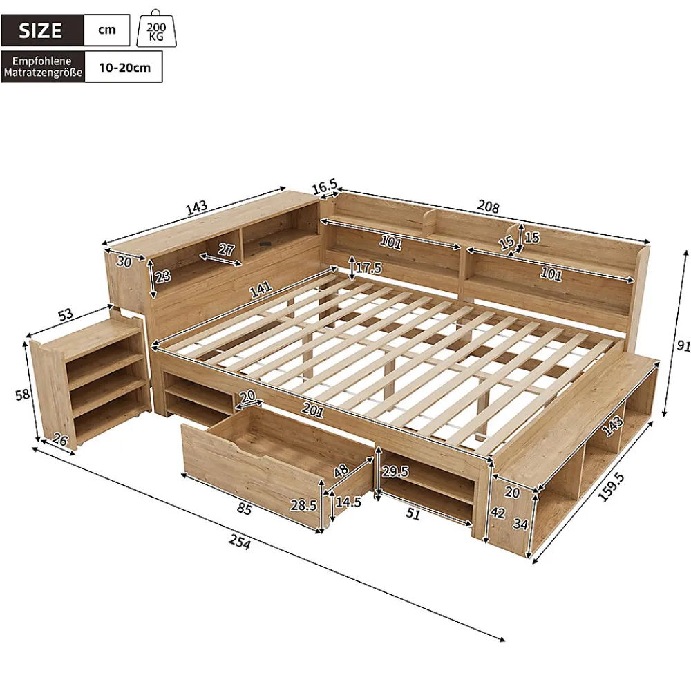 Lit enfant 140x200 cm, bois massif, tiroirs, armoire, recharge sans fil - naturel>Blackcolors Outlet
