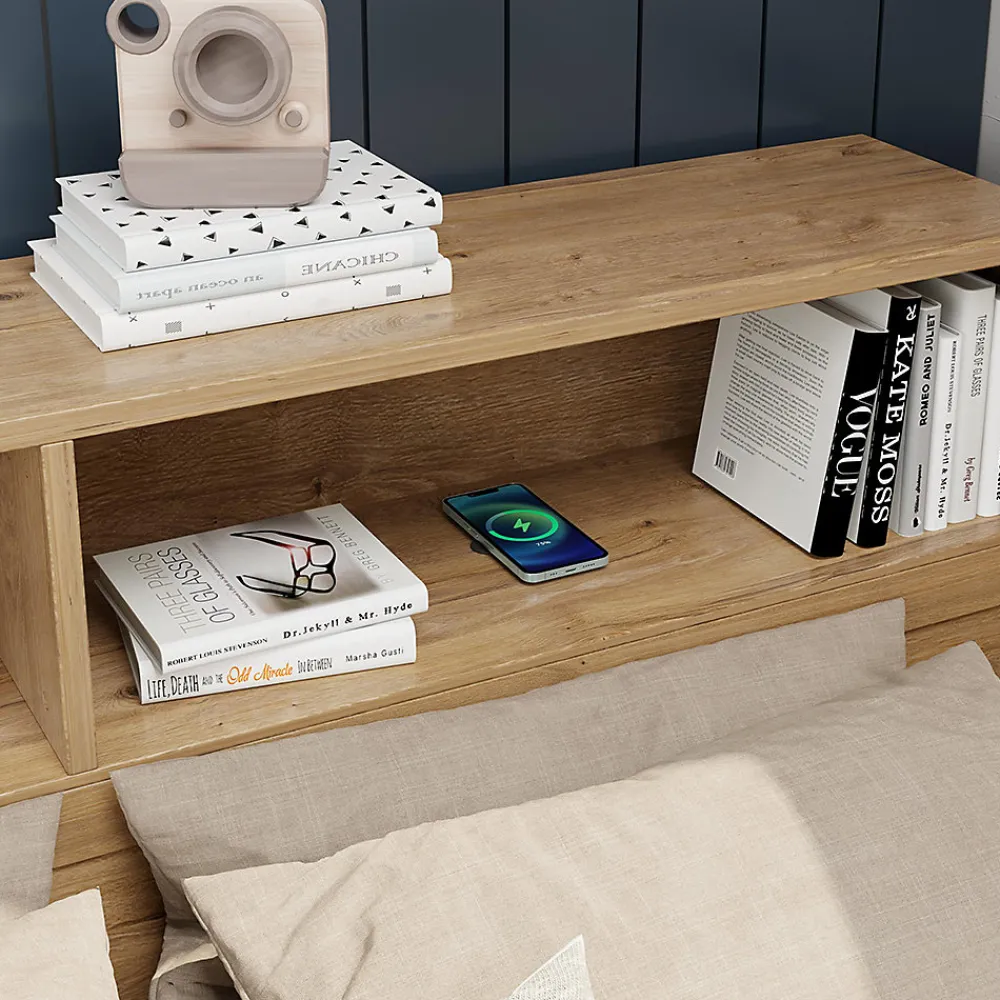 Lit enfant 140x200 cm, bois massif, tiroirs, armoire, recharge sans fil - naturel>Blackcolors Outlet