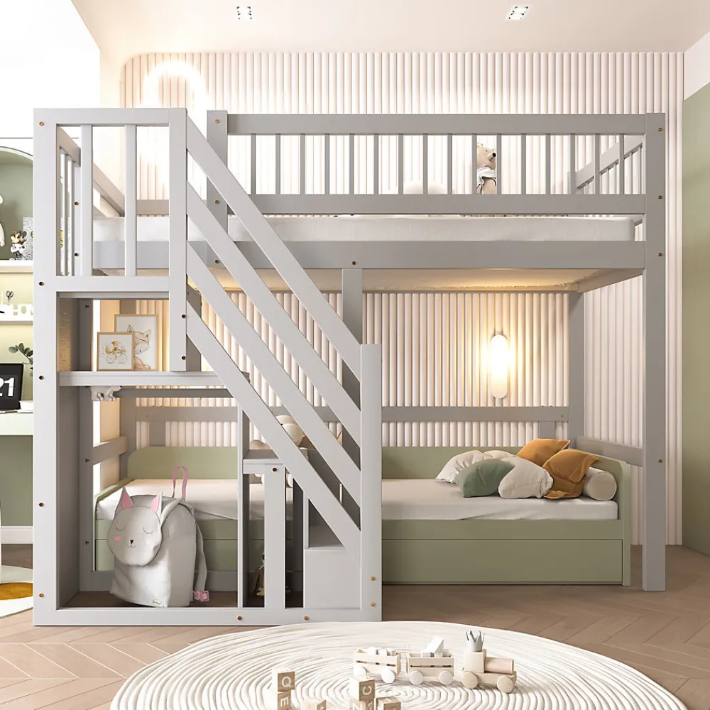 Lit enfant 90x200 cm en bois massif gris avec escalier et rangement intégré, lit pratique et solide pour enfants et adolescents>ProximaX Online