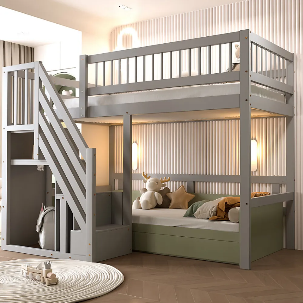 Lit enfant 90x200 cm en bois massif gris avec escalier et rangement intégré, lit pratique et solide pour enfants et adolescents>ProximaX Online