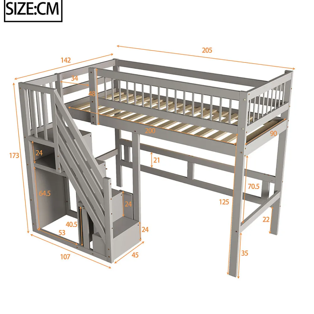 Lit enfant 90x200 cm en bois massif gris avec escalier et rangement intégré, lit pratique et solide pour enfants et adolescents>ProximaX Online