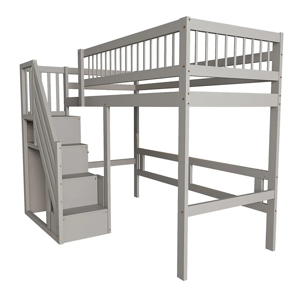 Lit enfant 90x200 cm en bois massif gris avec escalier et rangement intégré, lit pratique et solide pour enfants et adolescents>ProximaX Online