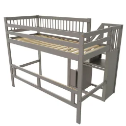 Lit enfant 90x200 cm en bois massif gris avec escalier et rangement intégré, lit pratique et solide pour enfants et adolescents><noscript><img width=