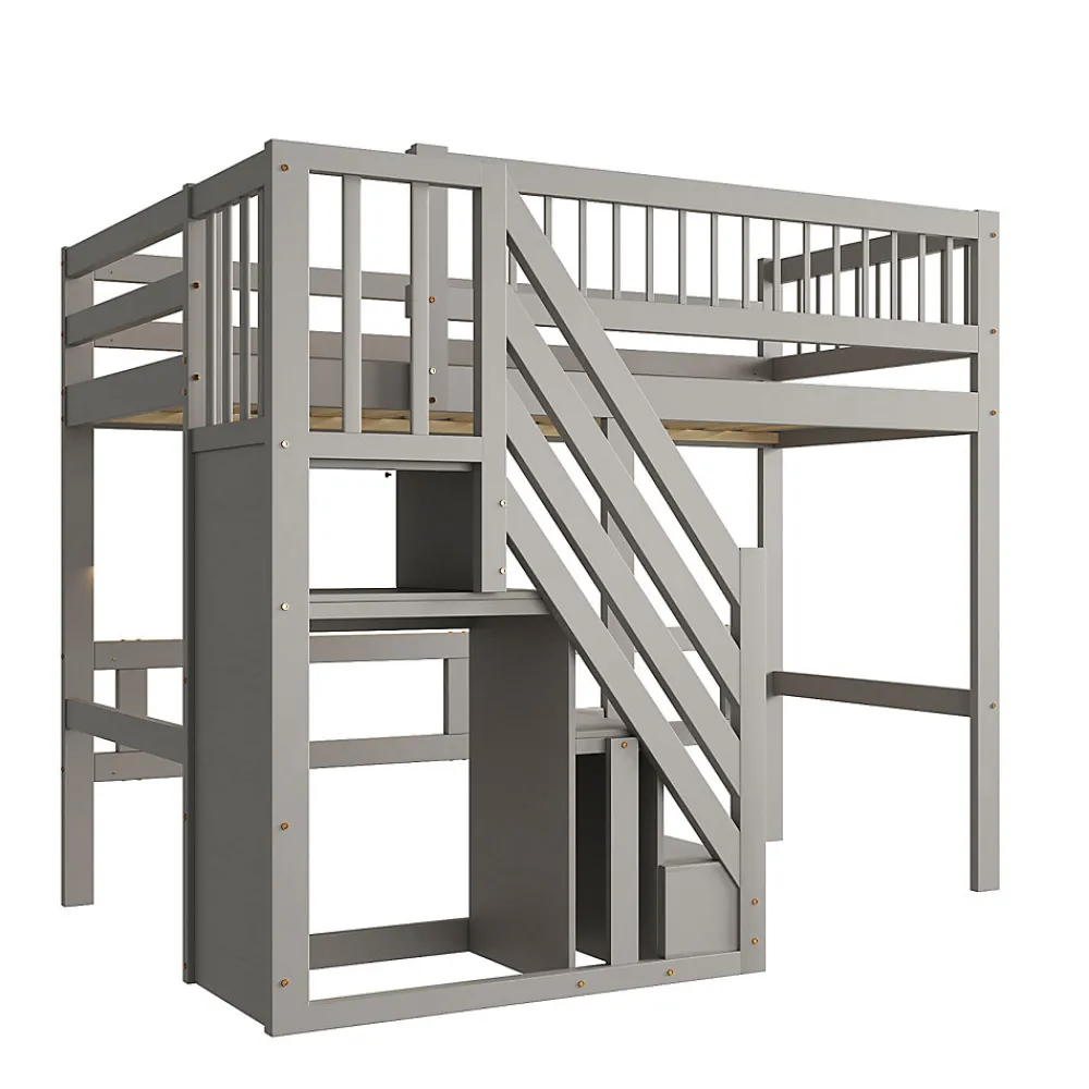 Lit enfant 90x200 cm en bois massif gris avec escalier et rangement intégré, lit pratique et solide pour enfants et adolescents>ProximaX Online