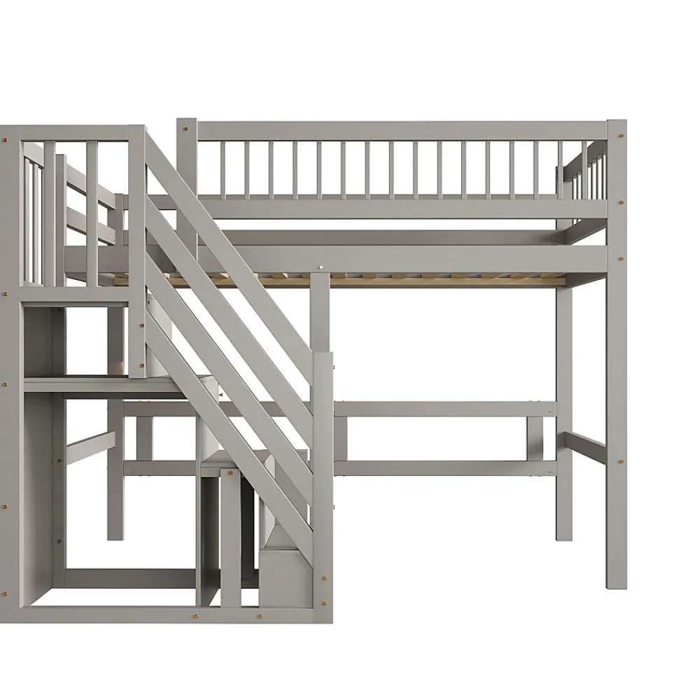 Lit enfant 90x200 cm en bois massif gris avec escalier et rangement intégré, lit pratique et solide pour enfants et adolescents>ProximaX Online