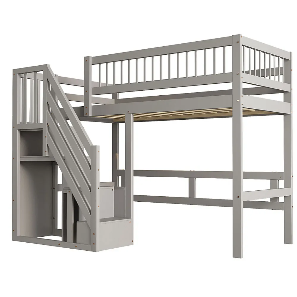 Lit enfant 90x200 cm en bois massif gris avec escalier et rangement intégré, lit pratique et solide pour enfants et adolescents>ProximaX Online