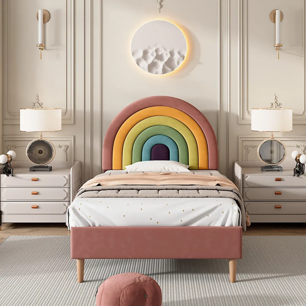 Okwish Lit enfant 90x200 cm, Lit Capitonné avec Tête de Lit Arc-en-Ciel Réglable, Revêtement en Velours Doux - Rose, Sans Matelas*Enfant Lit Enfant