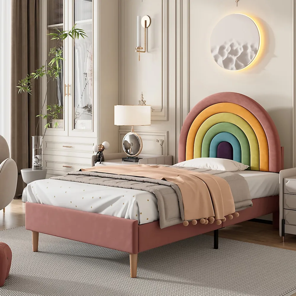 Okwish Lit enfant 90x200 cm, Lit Capitonné avec Tête de Lit Arc-en-Ciel Réglable, Revêtement en Velours Doux - Rose, Sans Matelas*Enfant Lit Enfant