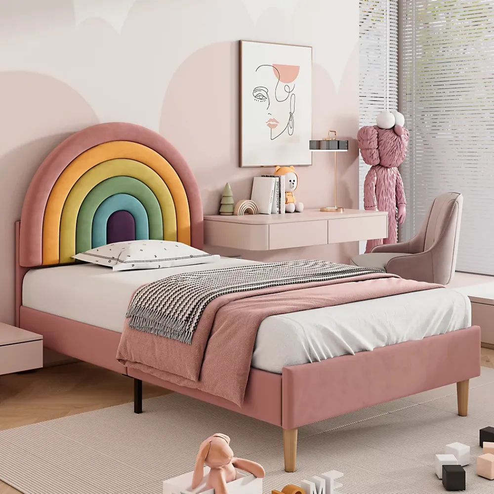 Okwish Lit enfant 90x200 cm, Lit Capitonné avec Tête de Lit Arc-en-Ciel Réglable, Revêtement en Velours Doux - Rose, Sans Matelas*Enfant Lit Enfant