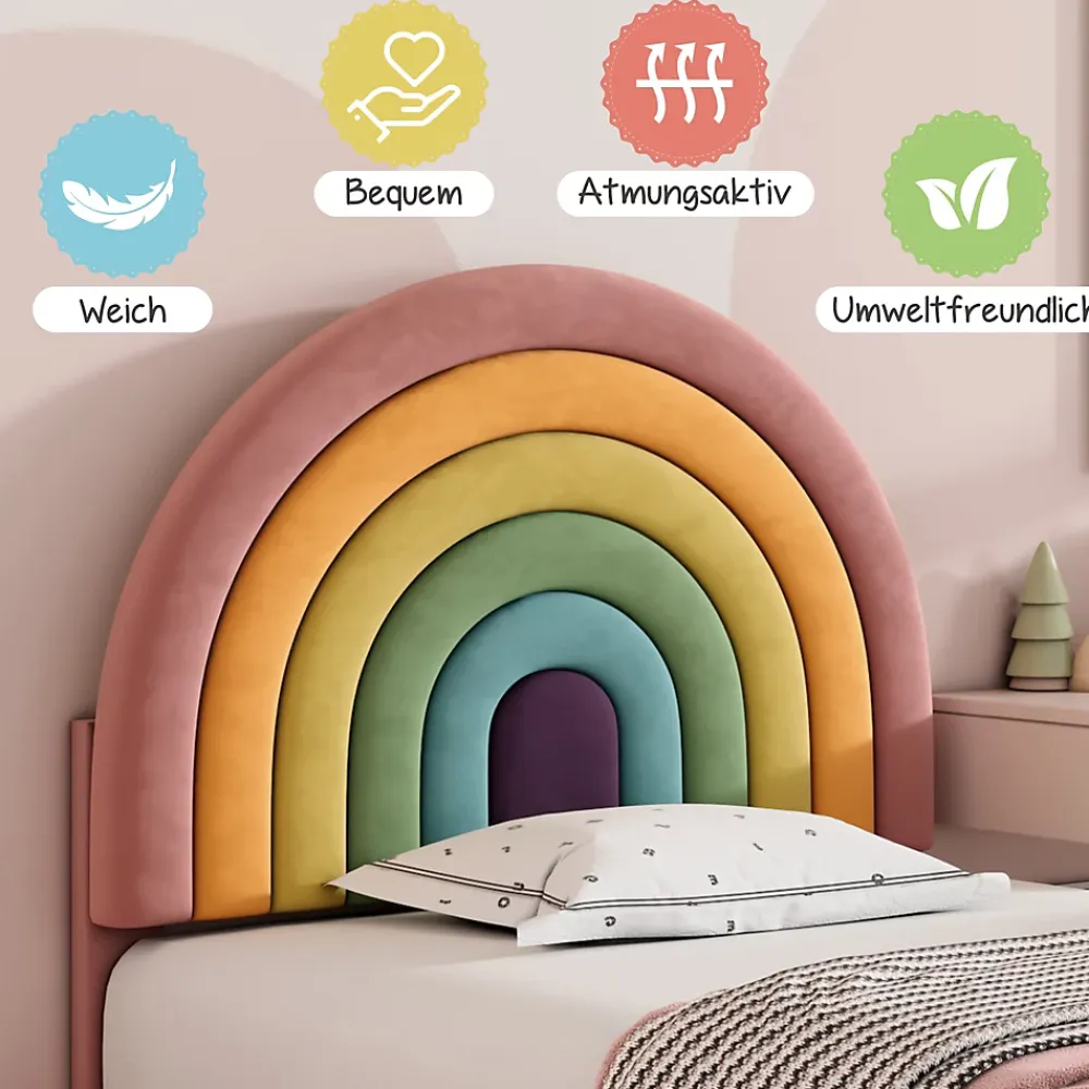 Okwish Lit enfant 90x200 cm, Lit Capitonné avec Tête de Lit Arc-en-Ciel Réglable, Revêtement en Velours Doux - Rose, Sans Matelas*Enfant Lit Enfant