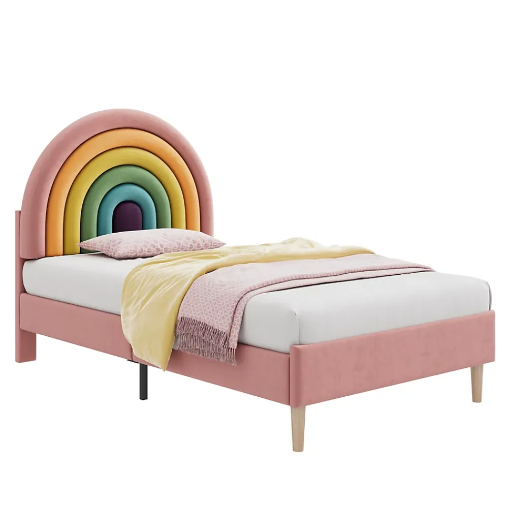 Okwish Lit enfant 90x200 cm, Lit Capitonné avec Tête de Lit Arc-en-Ciel Réglable, Revêtement en Velours Doux - Rose, Sans Matelas*Enfant Lit Enfant