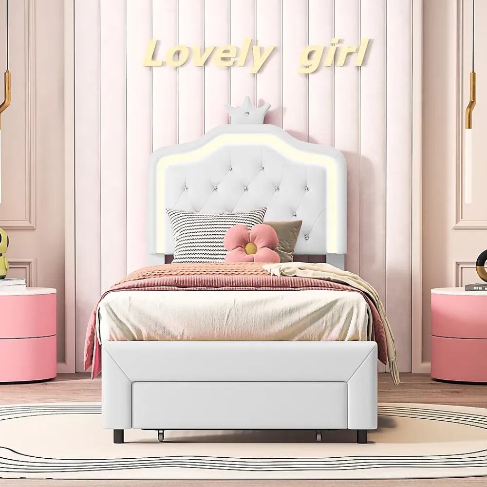 Simple Life Lit enfant 90x200 cm, lit simple avec sommier à lattes, tiroirs, LED, lit princesse avec couronne, blanc* Lit Coffre