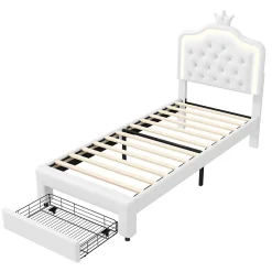 Simple Life Lit enfant 90x200 cm, lit simple avec sommier à lattes, tiroirs, LED, lit princesse avec couronne, blanc* Lit Coffre