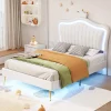 Lit enfant 90x200 cm PU blanc, cadre couronne, LED, sommier à lattes, dossier, pratique et décoratif, sans matelas>ProximaX Online