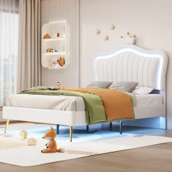 Lit enfant 90x200 cm PU blanc, cadre couronne, LED, sommier à lattes, dossier, pratique et décoratif, sans matelas>ProximaX Online