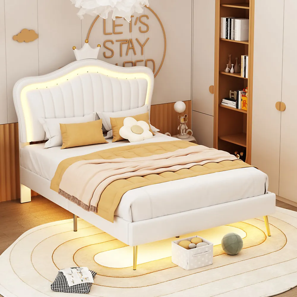 Lit enfant 90x200 cm PU blanc, cadre couronne, LED, sommier à lattes, dossier, pratique et décoratif, sans matelas>ProximaX Online