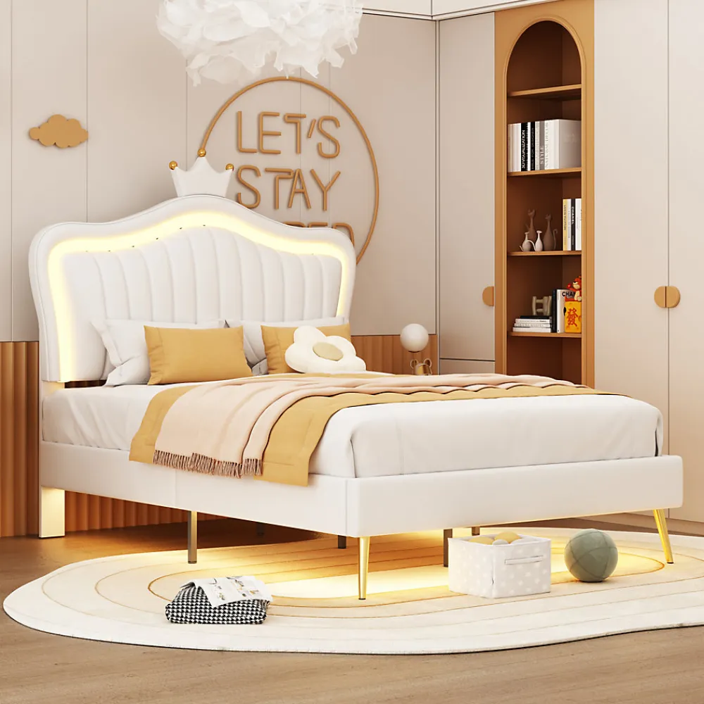 Lit enfant 90x200 cm PU blanc, cadre couronne, LED, sommier à lattes, dossier, pratique et décoratif, sans matelas>ProximaX Online
