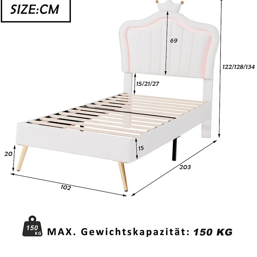 Lit enfant 90x200 cm PU blanc, cadre couronne, LED, sommier à lattes, dossier, pratique et décoratif, sans matelas>ProximaX Online