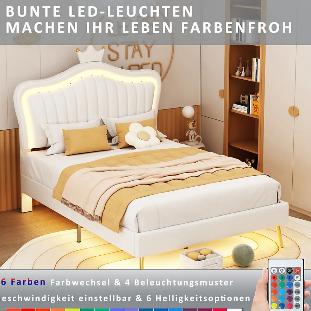 Lit enfant 90x200 cm PU blanc, cadre couronne, LED, sommier à lattes, dossier, pratique et décoratif, sans matelas>ProximaX Online