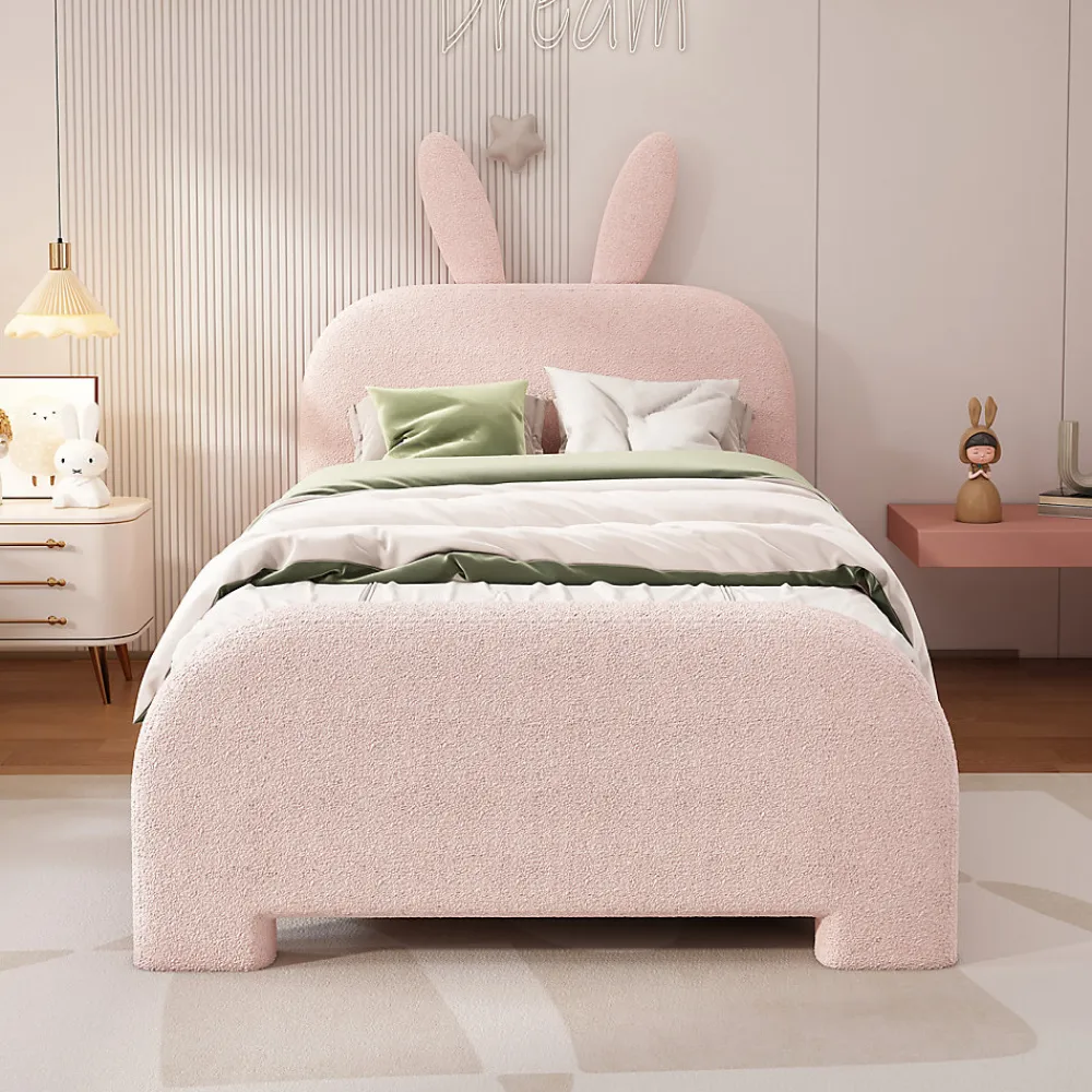 Lit enfant 90x200 cm rembourré laine rose avec tête cartoon lapin et 2 tiroirs de rangement, Pratique et ludique>ProximaX Online