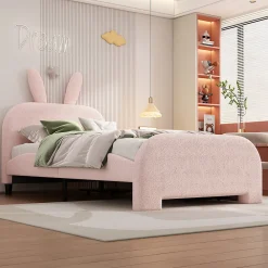 Lit enfant 90x200 cm rembourré laine rose avec tête cartoon lapin et 2 tiroirs de rangement, Pratique et ludique>ProximaX Online