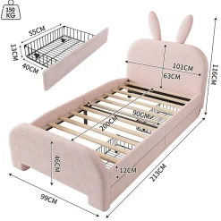 Lit enfant 90x200 cm rembourré laine rose avec tête cartoon lapin et 2 tiroirs de rangement, Pratique et ludique><noscript><img width=
