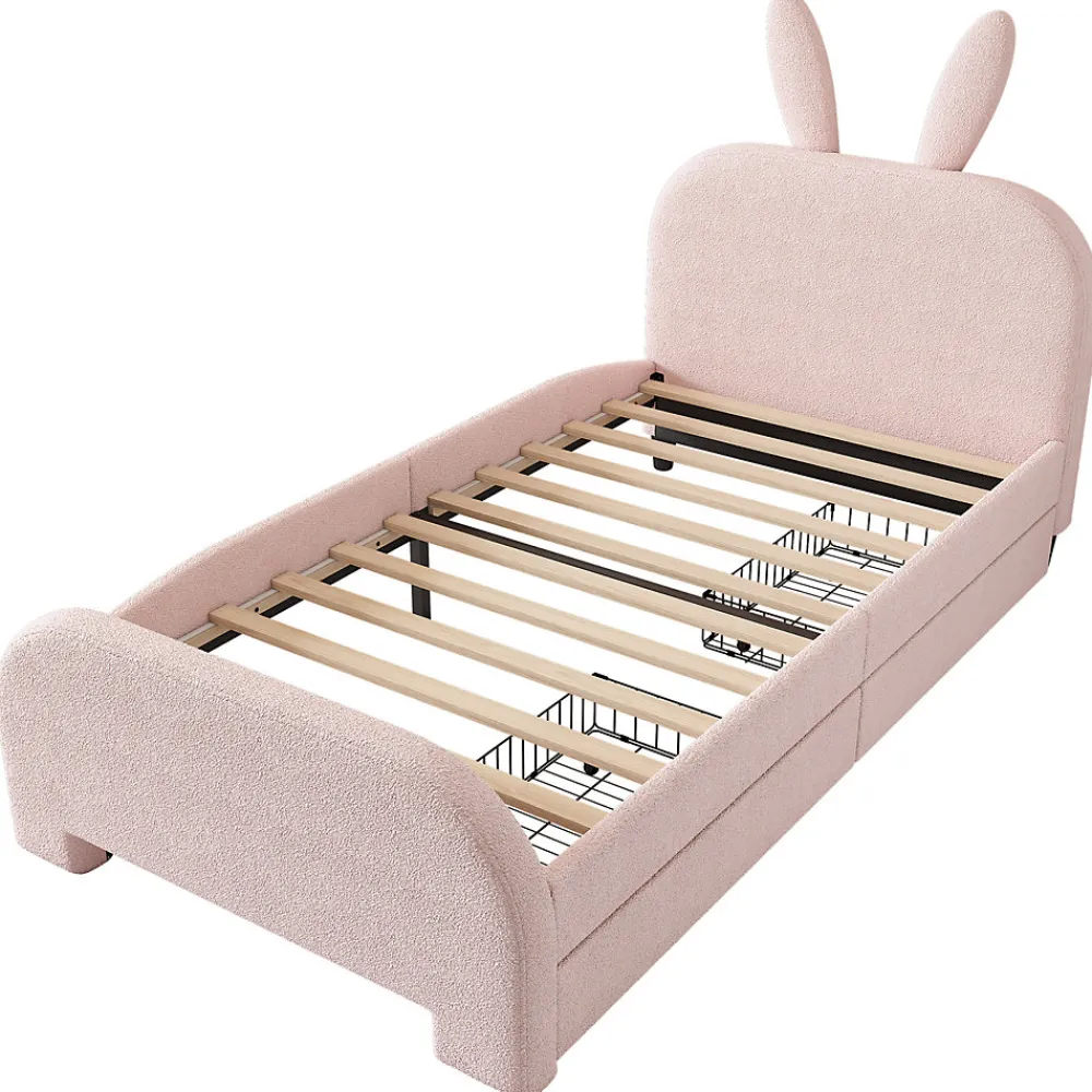 Lit enfant 90x200 cm rembourré laine rose avec tête cartoon lapin et 2 tiroirs de rangement, Pratique et ludique>ProximaX Online