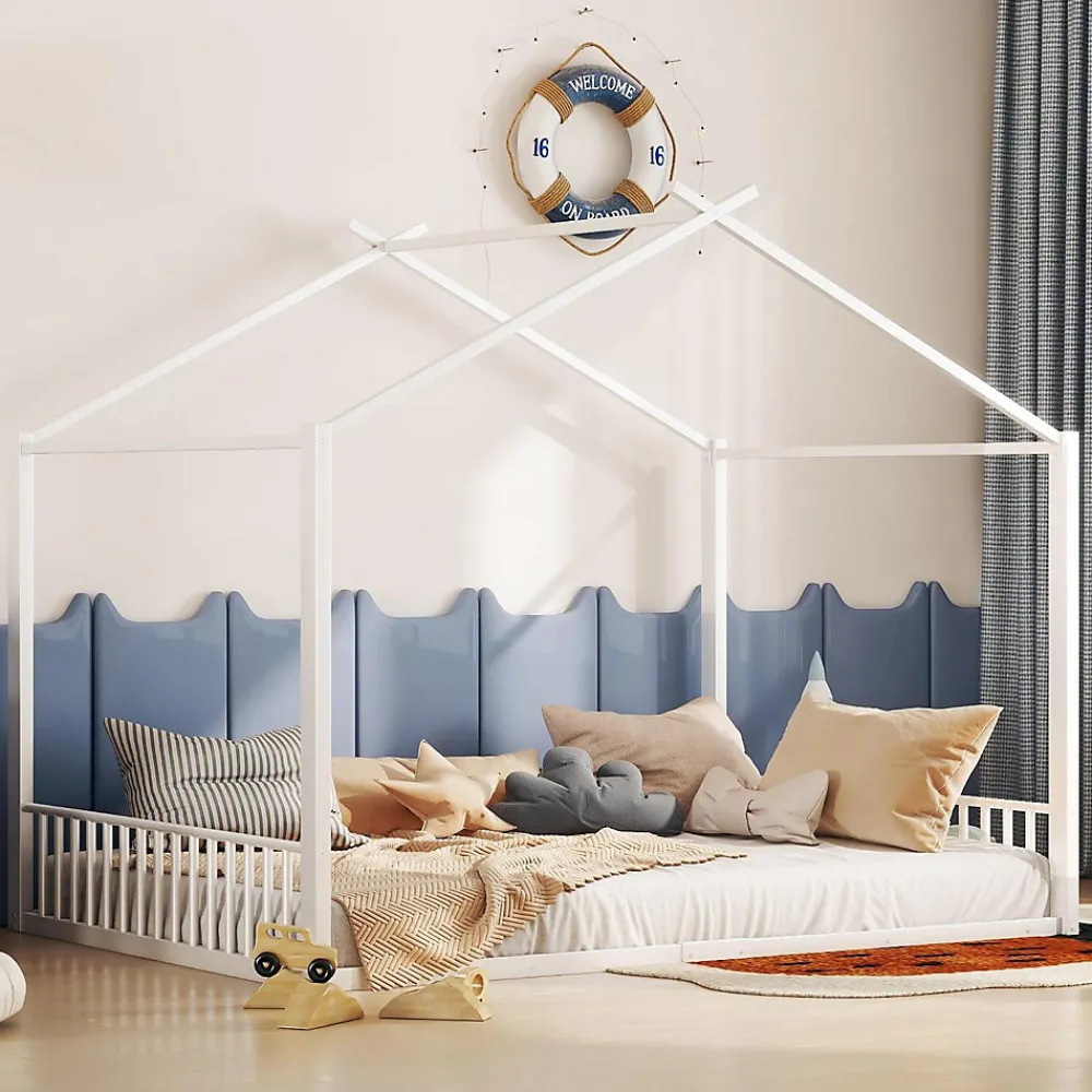 Lit enfant 140x200 cm sans matelas, cadre en métal avec tête de lit en forme de maison, confortable, blanc>ProximaX Sale