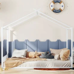 Lit enfant 140x200 cm sans matelas, cadre en métal avec tête de lit en forme de maison, confortable, blanc>ProximaX Sale