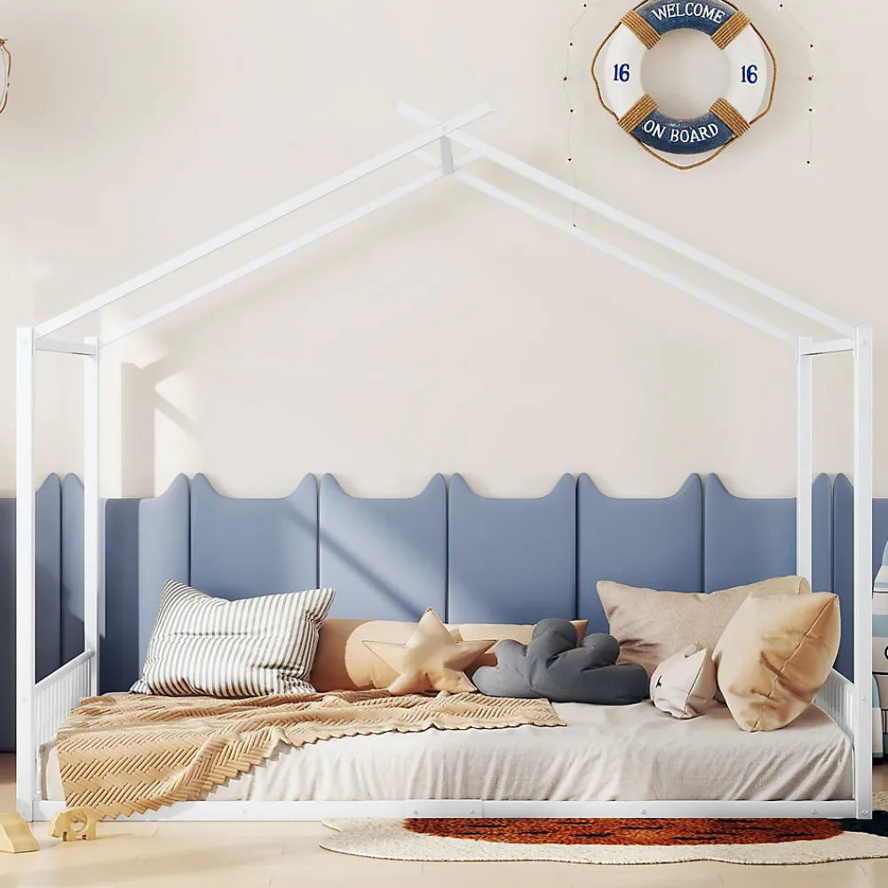 Lit enfant 140x200 cm sans matelas, cadre en métal avec tête de lit en forme de maison, confortable, blanc>ProximaX Sale