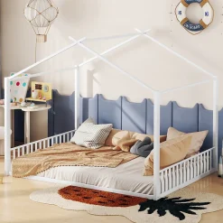 Lit enfant 140x200 cm sans matelas, cadre en métal avec tête de lit en forme de maison, confortable, blanc><noscript><img width=