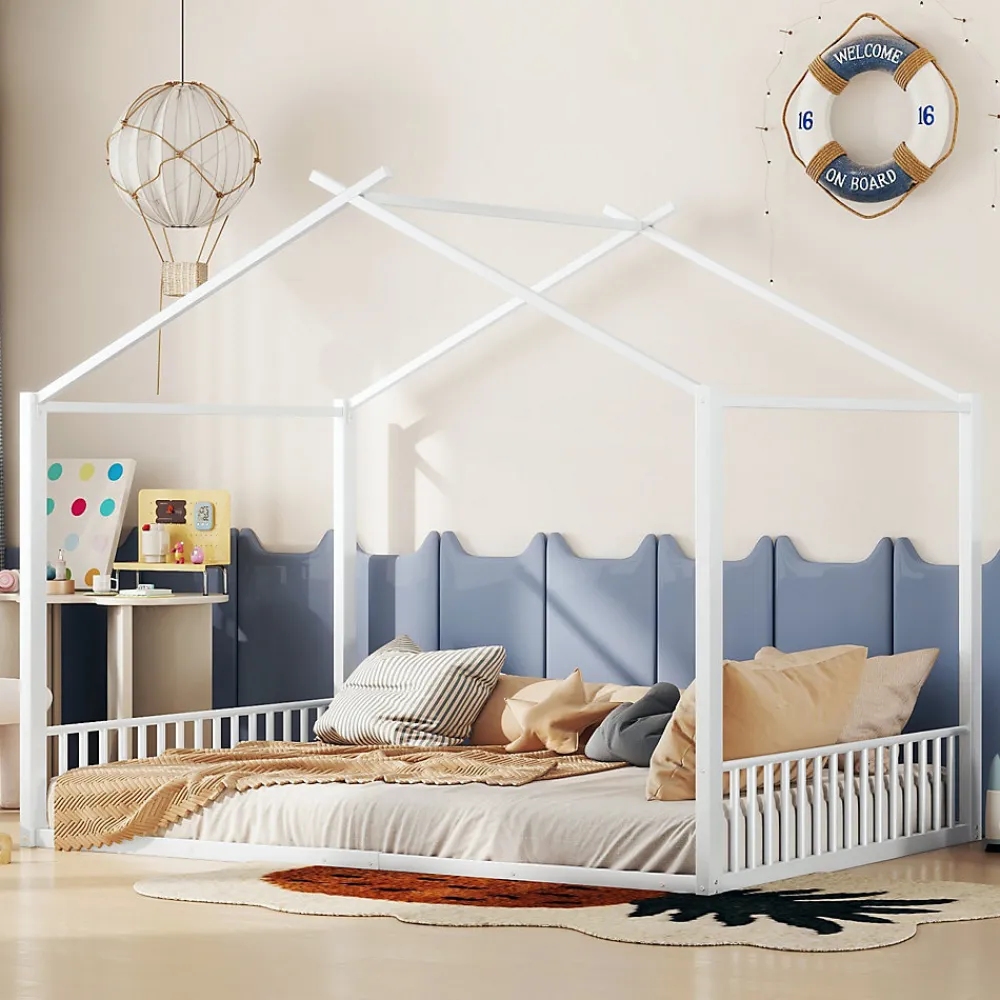 Lit enfant 140x200 cm sans matelas, cadre en métal avec tête de lit en forme de maison, confortable, blanc>ProximaX Sale