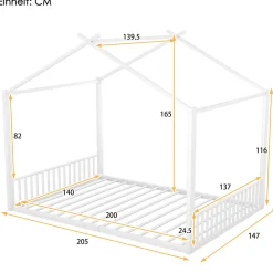 Lit enfant 140x200 cm sans matelas, cadre en métal avec tête de lit en forme de maison, confortable, blanc><noscript><img width=