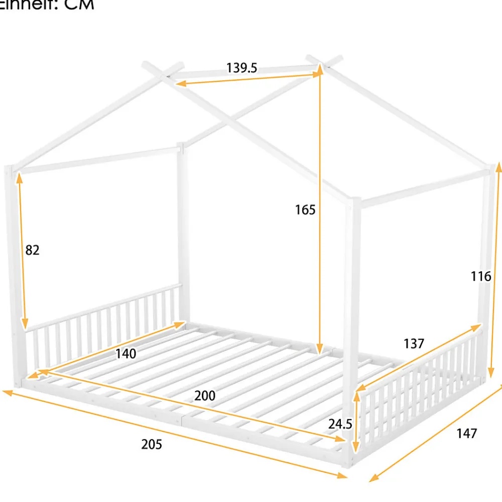 Lit enfant 140x200 cm sans matelas, cadre en métal avec tête de lit en forme de maison, confortable, blanc>ProximaX Sale