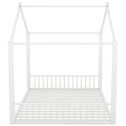 Lit enfant 140x200 cm sans matelas, cadre en métal avec tête de lit en forme de maison, confortable, blanc><noscript><img width=