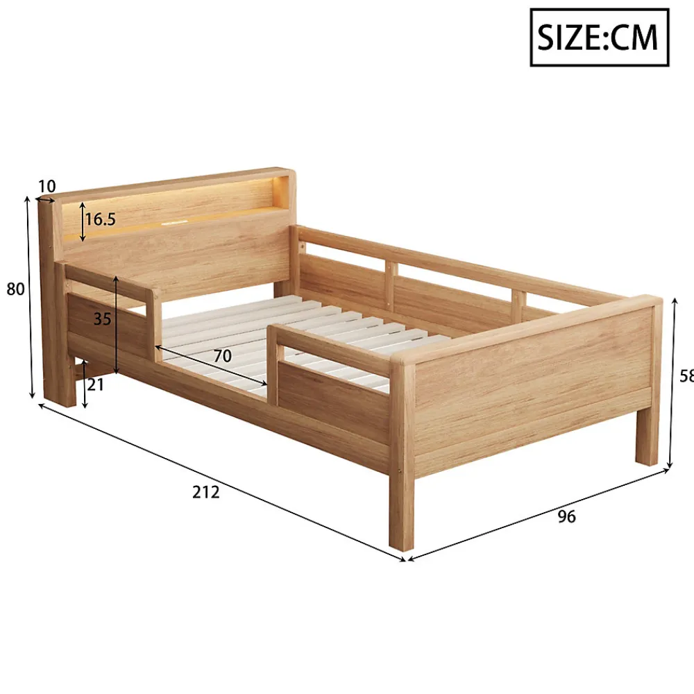 Lit enfant 90x200 cm simple avec USB/Type-C, LED et tête de lit rangement, pin massif et MDF naturel, sans matelas>Okwish