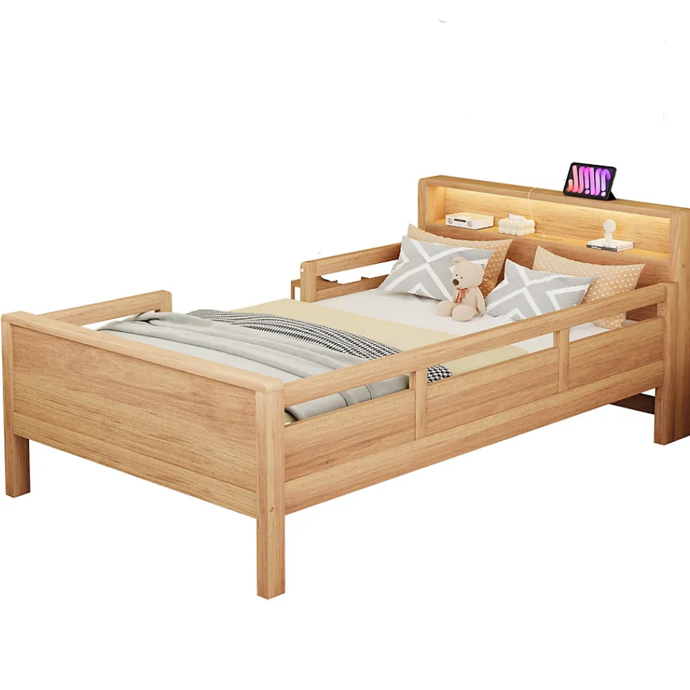 Lit enfant 90x200 cm simple avec USB/Type-C, LED et tête de lit rangement, pin massif et MDF naturel, sans matelas>Okwish