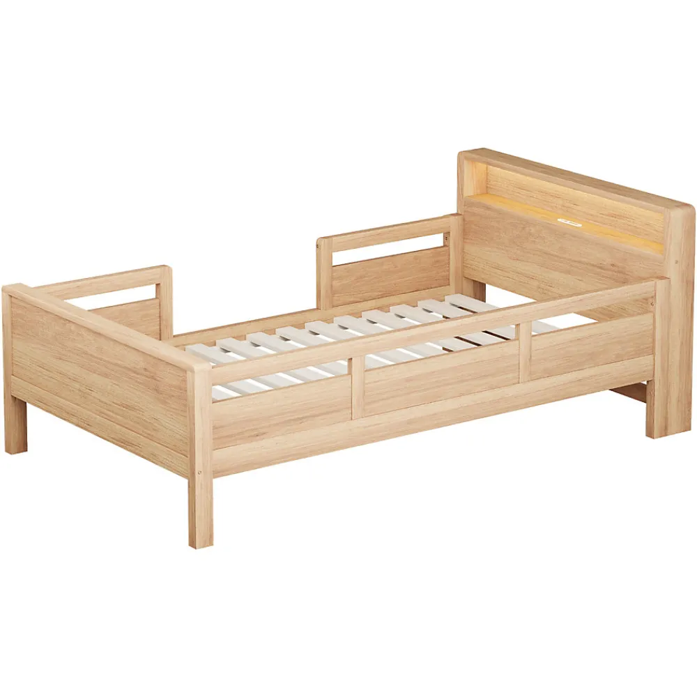 Lit enfant 90x200 cm simple avec USB/Type-C, LED et tête de lit rangement, pin massif et MDF naturel, sans matelas>Okwish