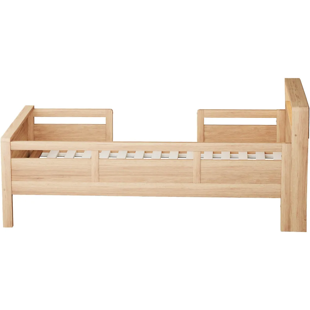 Lit enfant 90x200 cm simple avec USB/Type-C, LED et tête de lit rangement, pin massif et MDF naturel, sans matelas>Okwish