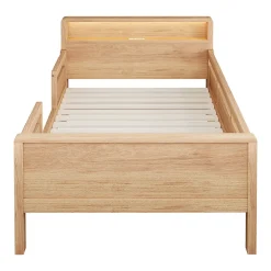 Lit enfant 90x200 cm simple avec USB/Type-C, LED et tête de lit rangement, pin massif et MDF naturel, sans matelas><noscript><img width=