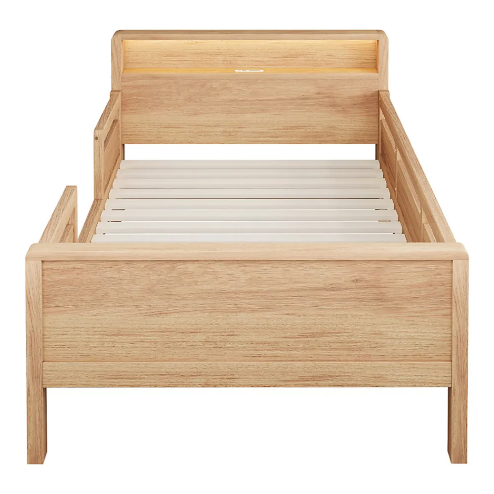 Lit enfant 90x200 cm simple avec USB/Type-C, LED et tête de lit rangement, pin massif et MDF naturel, sans matelas>Okwish