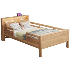 Lit enfant 90x200 cm simple avec USB/Type-C, LED et tête de lit rangement, pin massif et MDF naturel, sans matelas><noscript><img width=