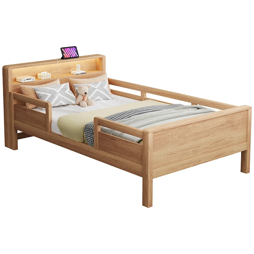 Lit enfant 90x200 cm simple avec USB/Type-C, LED et tête de lit rangement, pin massif et MDF naturel, sans matelas>Okwish