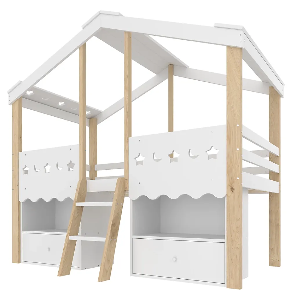 Okwish Lit enfant 90x200 cm simple mi-hauteur avec cabane, tiroirs pratiques et éclairage LED, pin+MDF blanc et bois clair*Enfant Lit Enfant