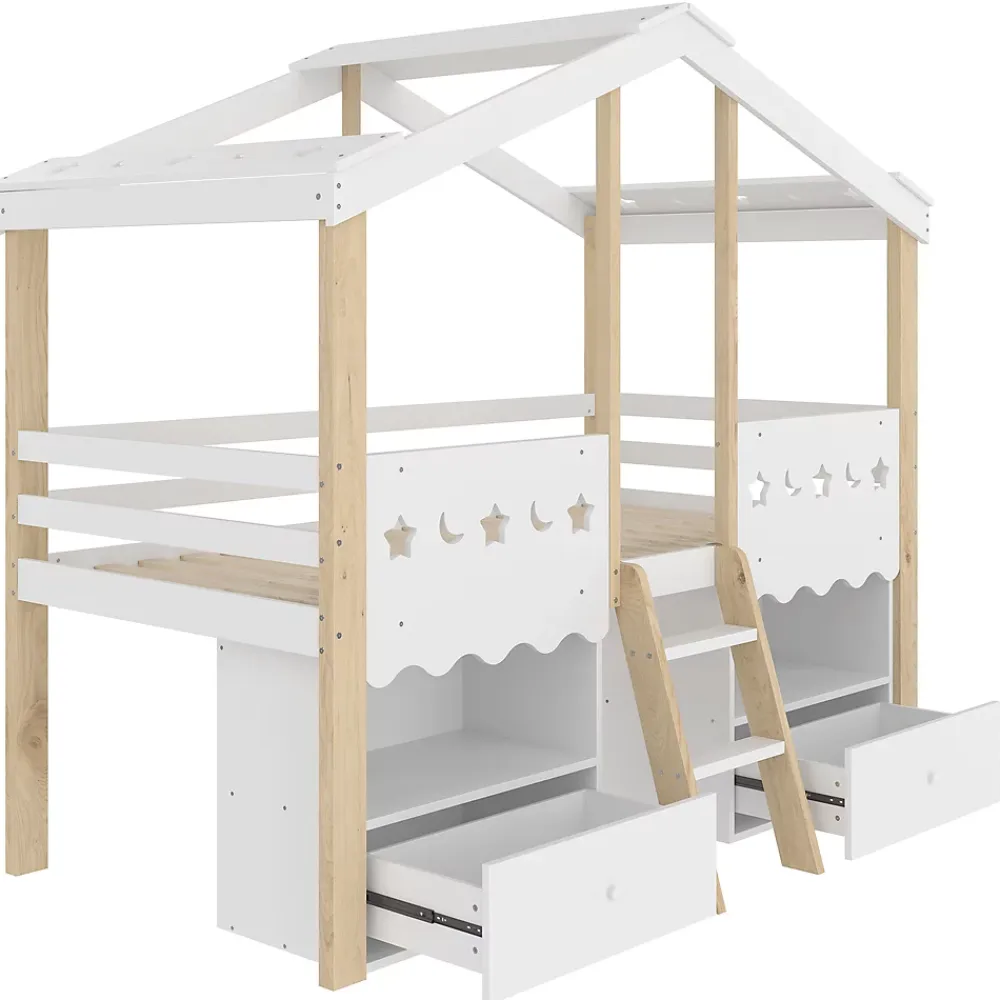 Okwish Lit enfant 90x200 cm simple mi-hauteur avec cabane, tiroirs pratiques et éclairage LED, pin+MDF blanc et bois clair*Enfant Lit Enfant